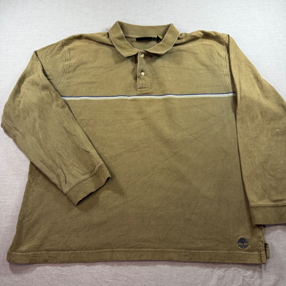 Timberland Long Sleeve Polo Mens XL Olive Green Excellent Striped Cotton Shirt - Picture 2 of 7